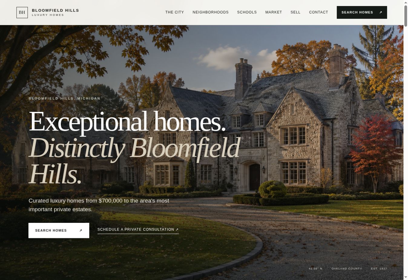 Bloomfield Hills Luxury Homes website homepage