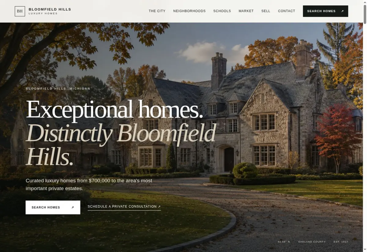 Bloomfield Hills Luxury Homes website homepage