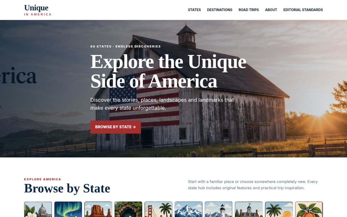 Unique in America website homepage